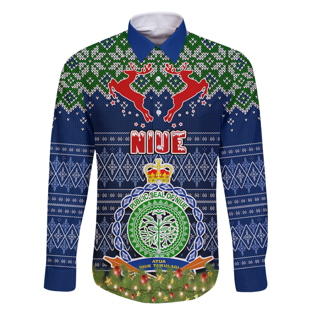 Personalised Niue Christmas Family Matching Off Shoulder Short Dress and Hawaiian Shirt Coat of Arms and Map Beautiful Merry Xmas Snowflake LT03 Dad's Shirt - Long Sleeve Blue - Polynesian Pride