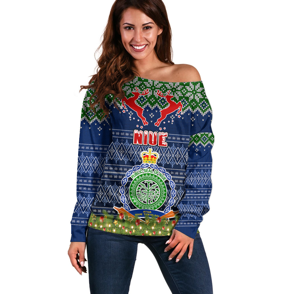 Personalised Niue Christmas Off Shoulder Sweater Coat of Arms and Map Beautiful Merry Xmas Snowflake LT03 Women Blue - Polynesian Pride