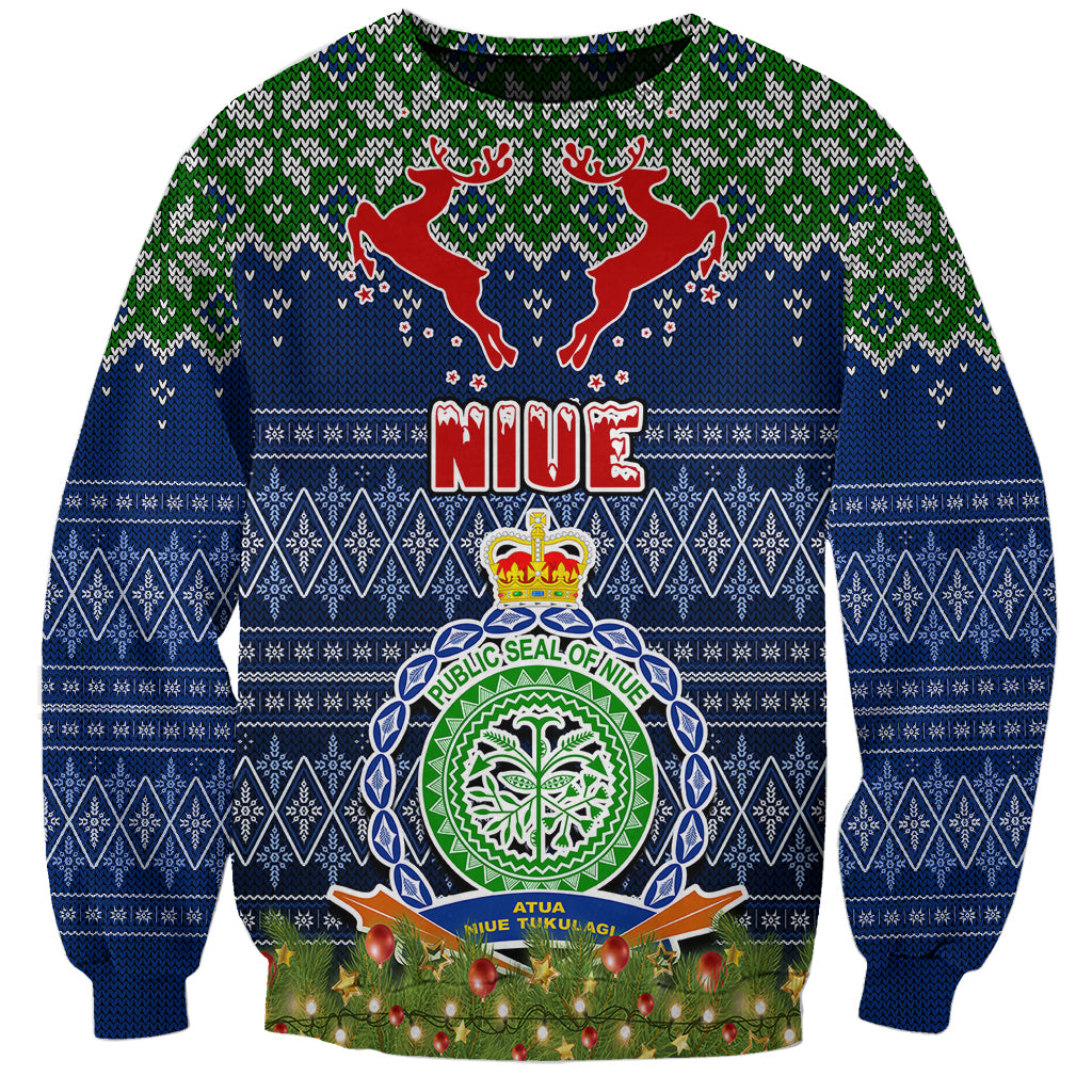 Personalised Niue Christmas Sweatshirt Coat of Arms and Map Beautiful Merry Xmas Snowflake LT03 Unisex Blue - Polynesian Pride