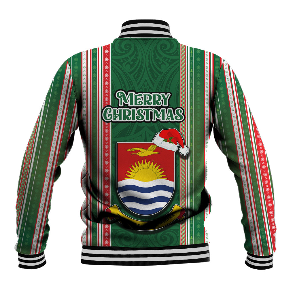 Kiribati Christmas Baseball Jacket Santa With Gift Bag Behind Ribbons Seamless Green Maori LT03 - Polynesian Pride