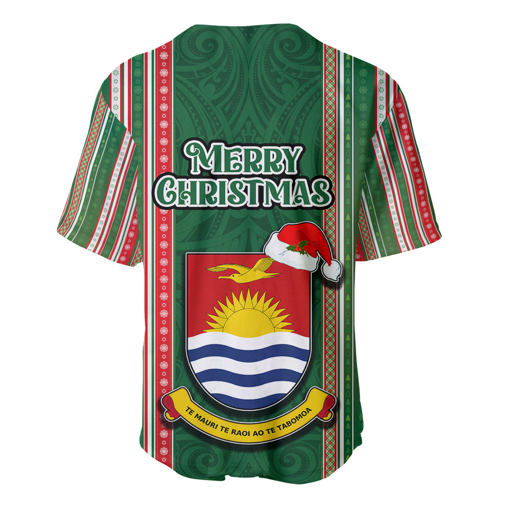 Kiribati Christmas Baseball Jersey Santa With Gift Bag Behind Ribbons Seamless Green Maori LT03 - Polynesian Pride