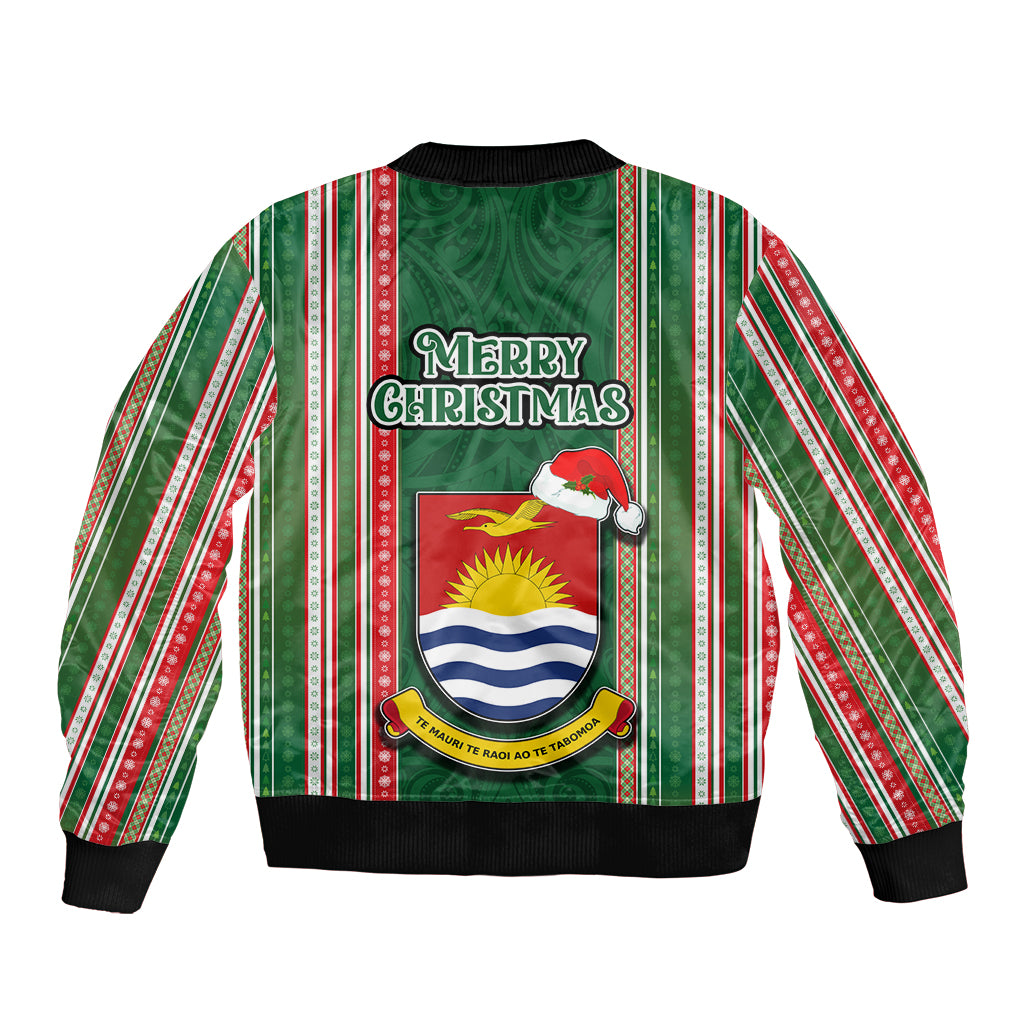Kiribati Christmas Bomber Jacket Santa With Gift Bag Behind Ribbons Seamless Green Maori LT03 - Polynesian Pride