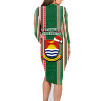 Kiribati Christmas Family Matching Long Sleeve Bodycon Dress and Hawaiian Shirt Santa With Gift Bag Behind Ribbons Seamless Green Maori LT03 - Polynesian Pride