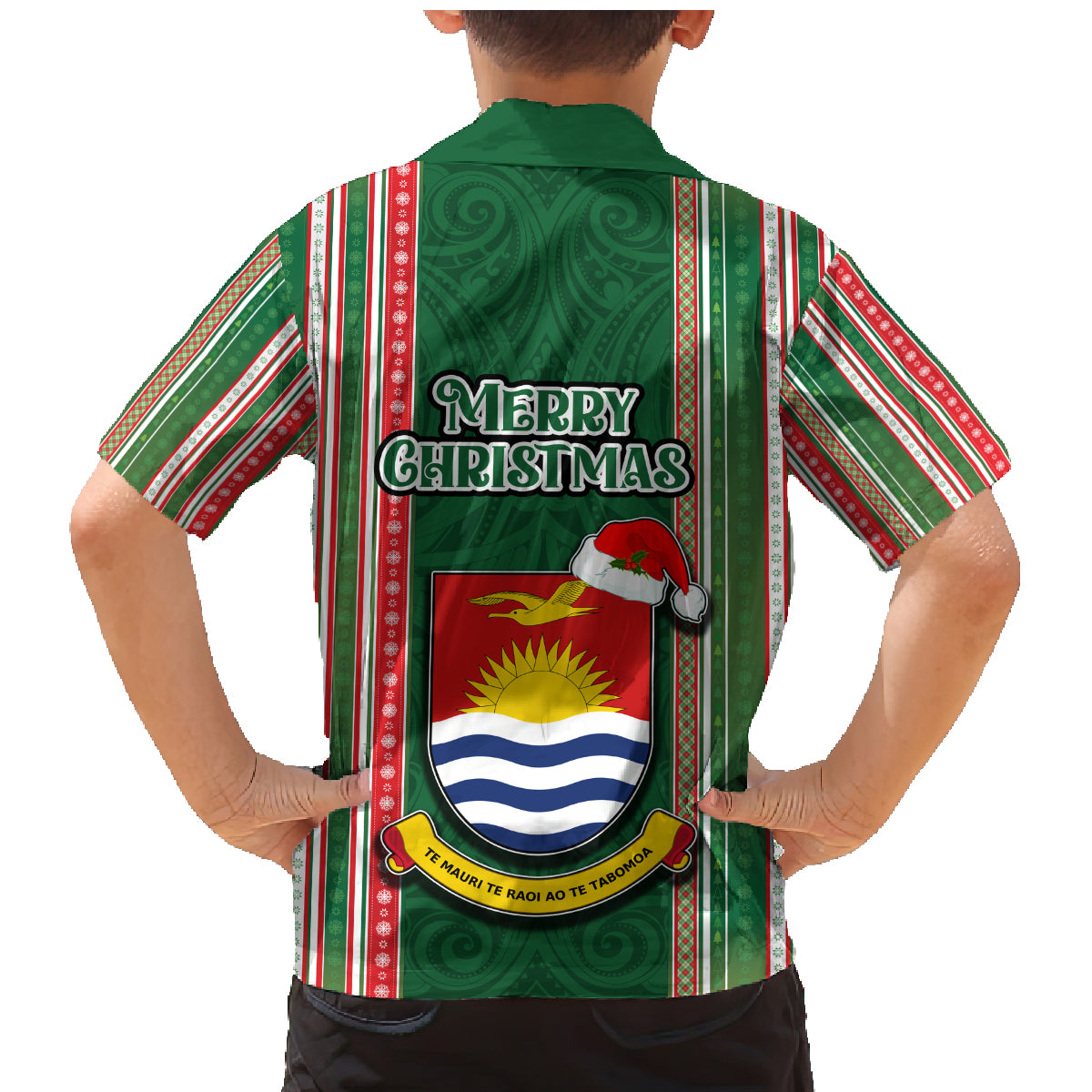 Kiribati Christmas Family Matching Mermaid Dress and Hawaiian Shirt Santa With Gift Bag Behind Ribbons Seamless Green Maori LT03 - Polynesian Pride