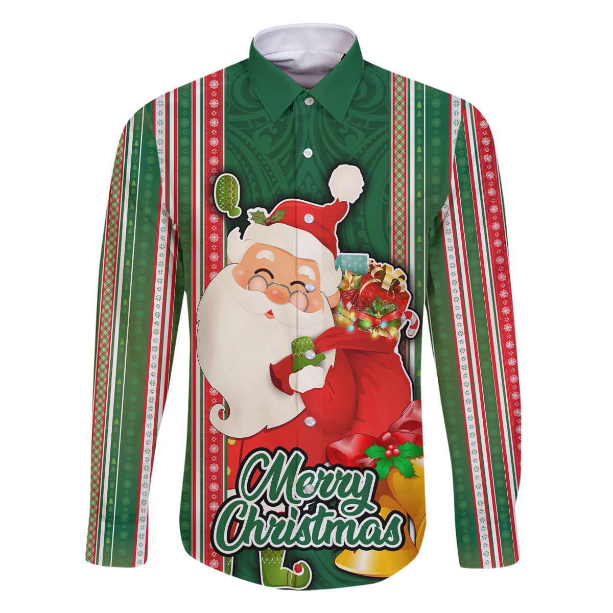 Kiribati Christmas Family Matching Off Shoulder Maxi Dress and Hawaiian Shirt Santa With Gift Bag Behind Ribbons Seamless Green Maori LT03 Dad's Shirt - Long Sleeve Green - Polynesian Pride