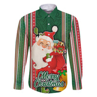 Kiribati Christmas Family Matching Off Shoulder Maxi Dress and Hawaiian Shirt Santa With Gift Bag Behind Ribbons Seamless Green Maori LT03 Dad's Shirt - Long Sleeve Green - Polynesian Pride