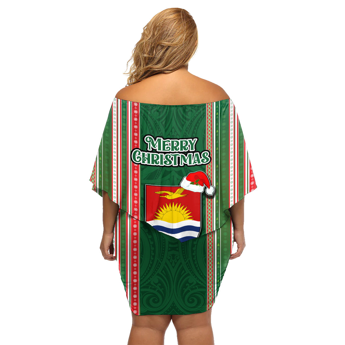 Kiribati Christmas Family Matching Off Shoulder Short Dress and Hawaiian Shirt Santa With Gift Bag Behind Ribbons Seamless Green Maori LT03 - Polynesian Pride