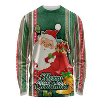 Kiribati Christmas Long Sleeve Shirt Santa With Gift Bag Behind Ribbons Seamless Green Maori LT03 Unisex Green - Polynesian Pride