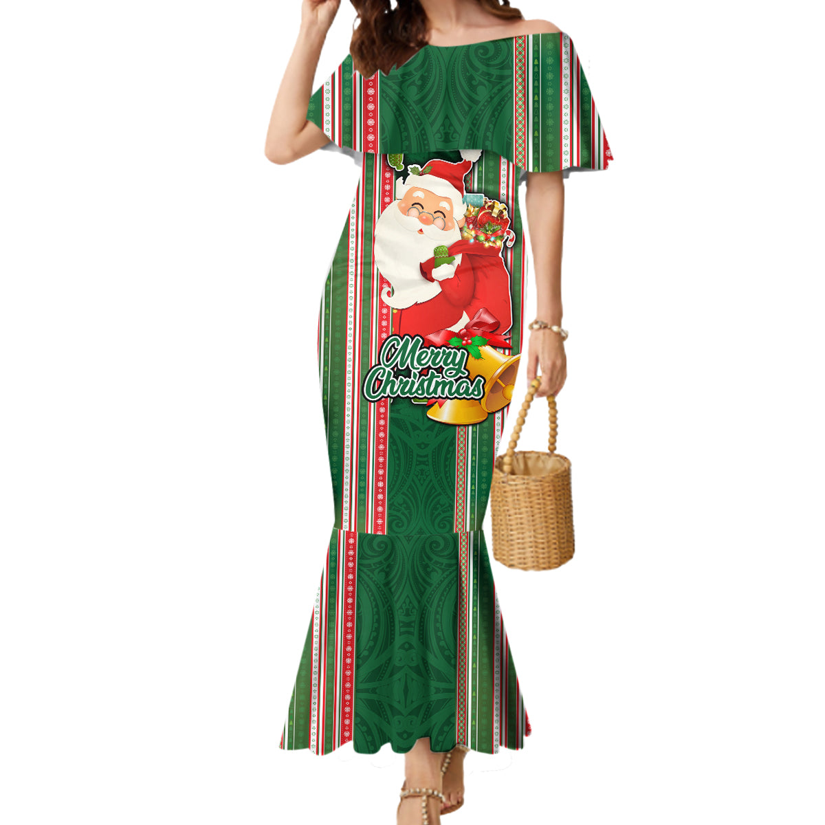 Kiribati Christmas Mermaid Dress Santa With Gift Bag Behind Ribbons Seamless Green Maori LT03 Women Green - Polynesian Pride