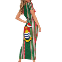 Kiribati Christmas Short Sleeve Bodycon Dress Santa With Gift Bag Behind Ribbons Seamless Green Maori LT03 - Polynesian Pride