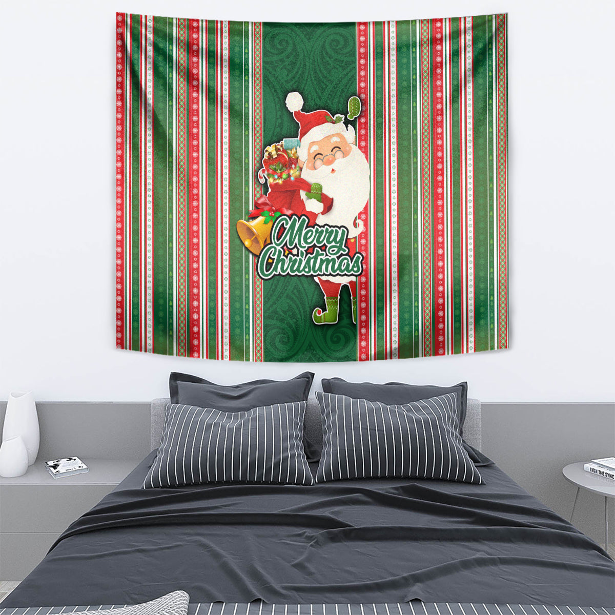Kiribati Christmas Tapestry Santa With Gift Bag Behind Ribbons Seamless Green Maori LT03 - Polynesian Pride