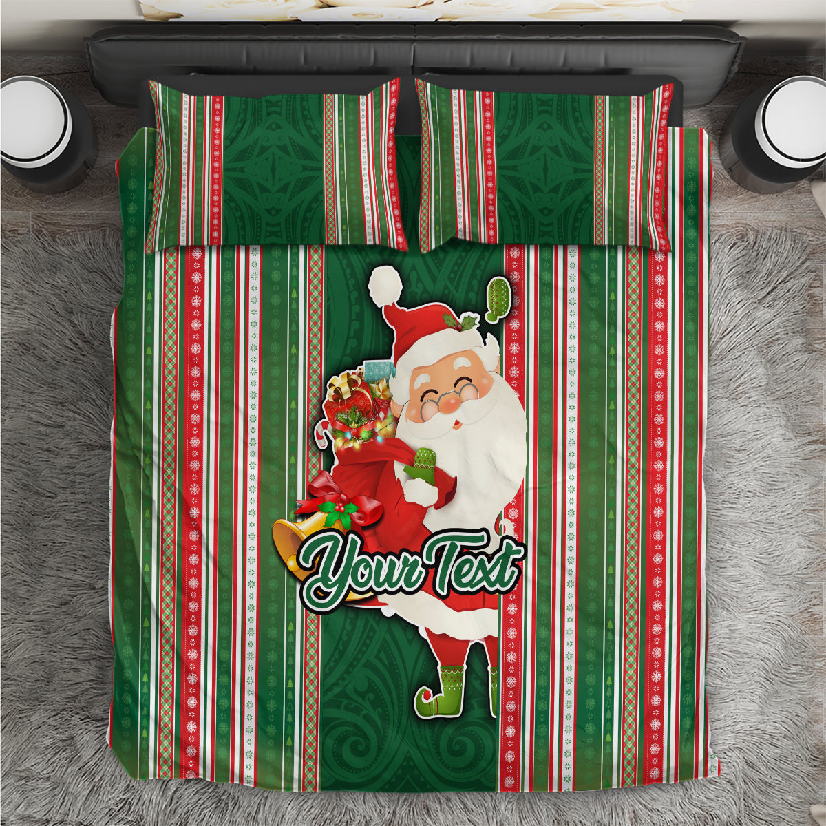 Custom Kiribati Christmas Bedding Set Santa With Gift Bag Behind Ribbons Seamless Green Maori LT03 Green - Polynesian Pride