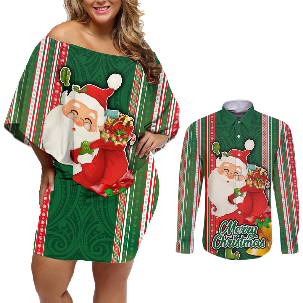 Custom Kiribati Christmas Couples Matching Off Shoulder Short Dress and Long Sleeve Button Shirts Santa With Gift Bag Behind Ribbons Seamless Green Maori LT03 Green - Polynesian Pride