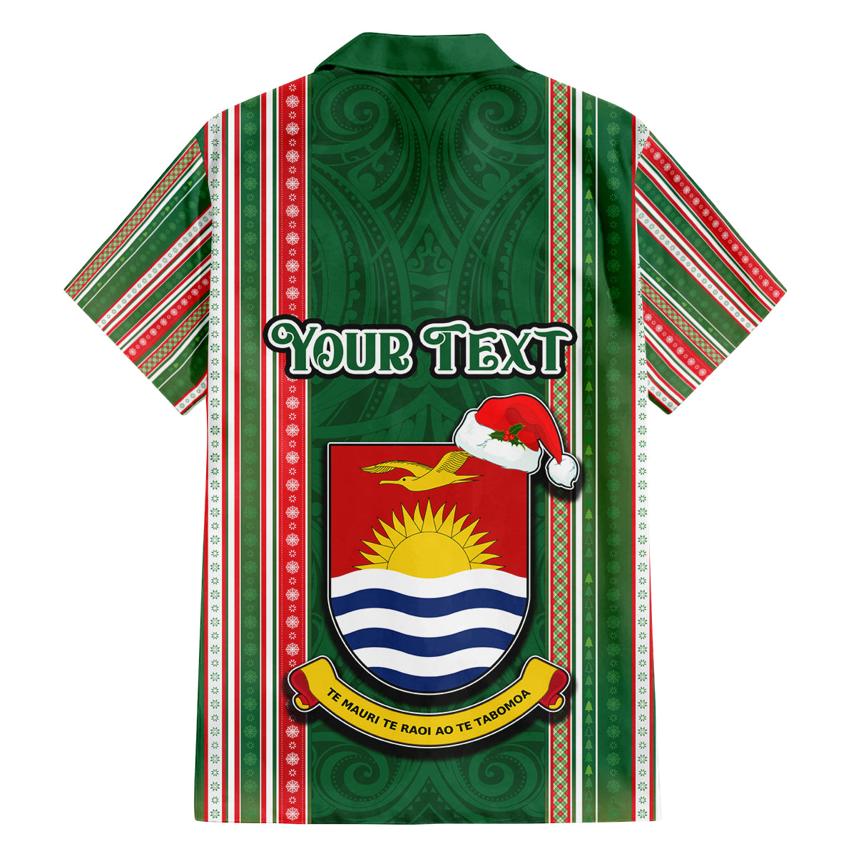 Custom Kiribati Christmas Family Matching Off Shoulder Long Sleeve Dress and Hawaiian Shirt Santa With Gift Bag Behind Ribbons Seamless Green Maori LT03 - Polynesian Pride