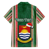 Custom Kiribati Christmas Family Matching Short Sleeve Bodycon Dress and Hawaiian Shirt Santa With Gift Bag Behind Ribbons Seamless Green Maori LT03 - Polynesian Pride