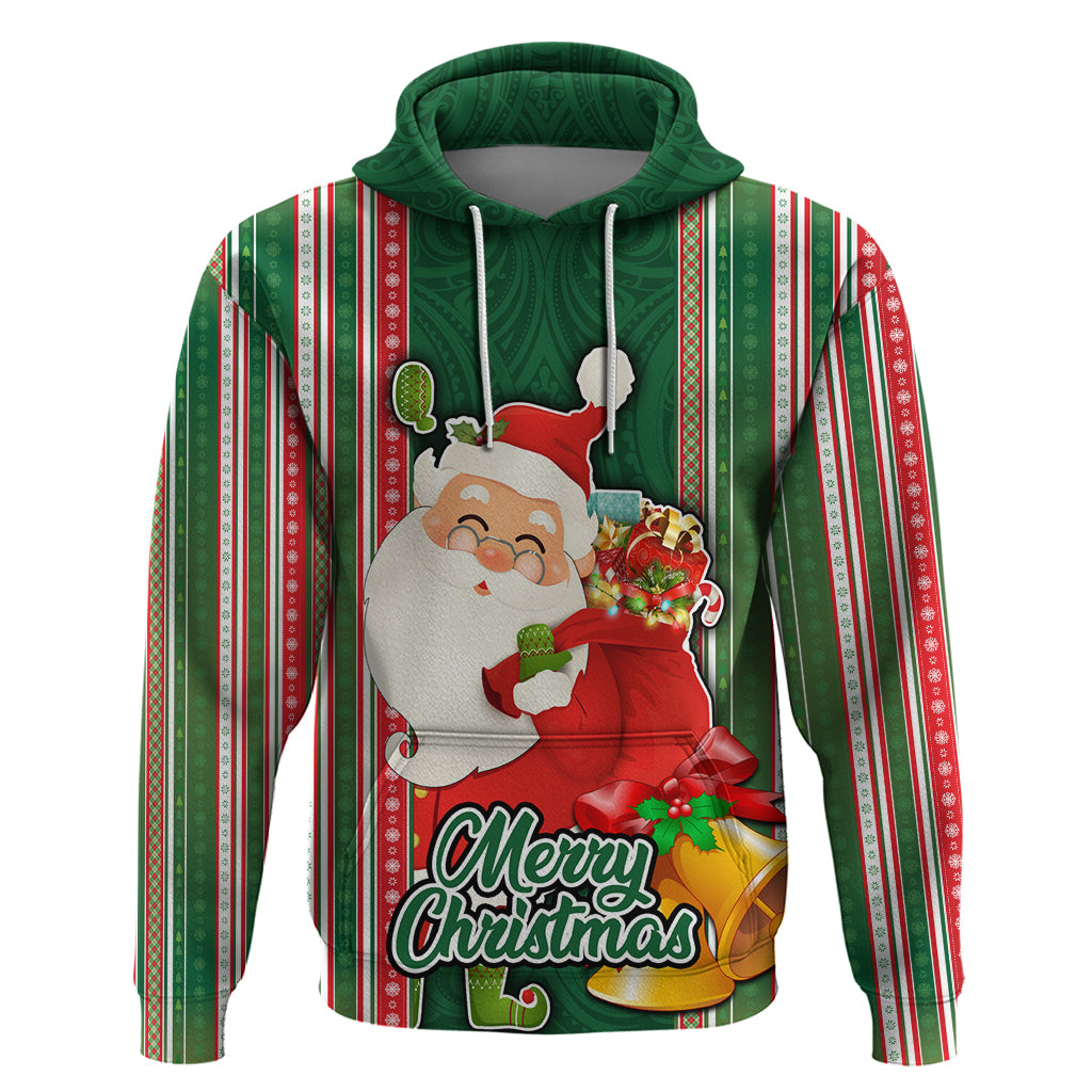 Custom Kiribati Christmas Hoodie Santa With Gift Bag Behind Ribbons Seamless Green Maori LT03 Pullover Hoodie Green - Polynesian Pride