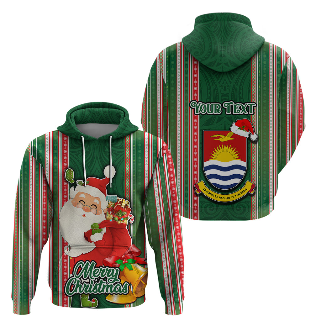 Custom Kiribati Christmas Hoodie Santa With Gift Bag Behind Ribbons Seamless Green Maori LT03 - Polynesian Pride