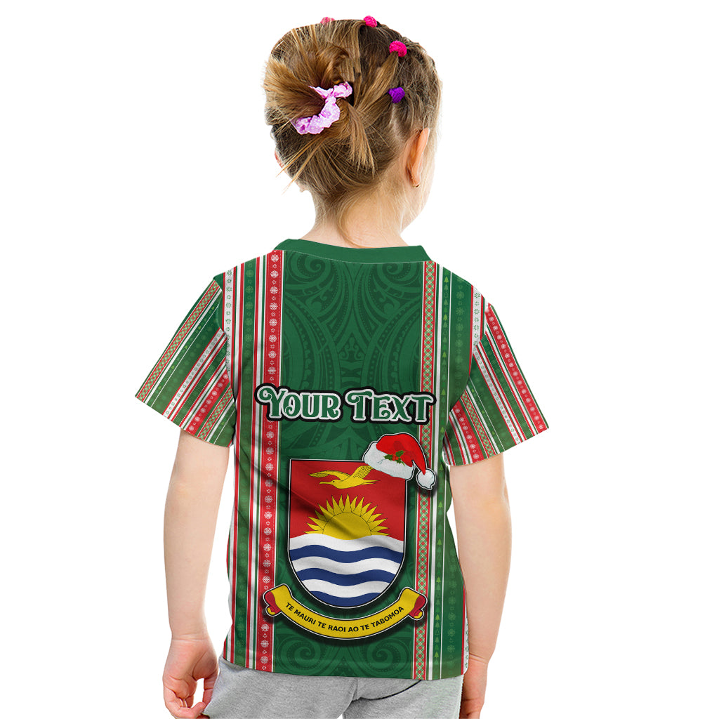 Custom Kiribati Christmas Kid T Shirt Santa With Gift Bag Behind Ribbons Seamless Green Maori LT03 - Polynesian Pride
