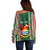 Custom Kiribati Christmas Off Shoulder Sweater Santa With Gift Bag Behind Ribbons Seamless Green Maori LT03 - Polynesian Pride