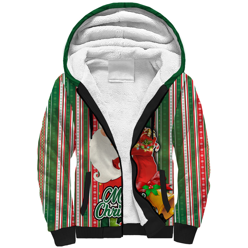 Custom Kiribati Christmas Sherpa Hoodie Santa With Gift Bag Behind Ribbons Seamless Green Maori LT03 Unisex Green - Polynesian Pride