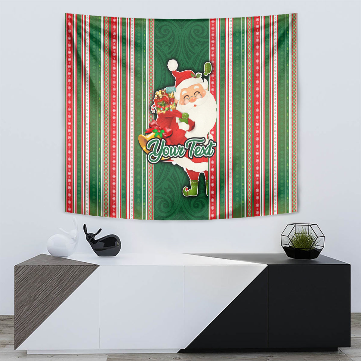 Custom Kiribati Christmas Tapestry Santa With Gift Bag Behind Ribbons Seamless Green Maori LT03 - Polynesian Pride
