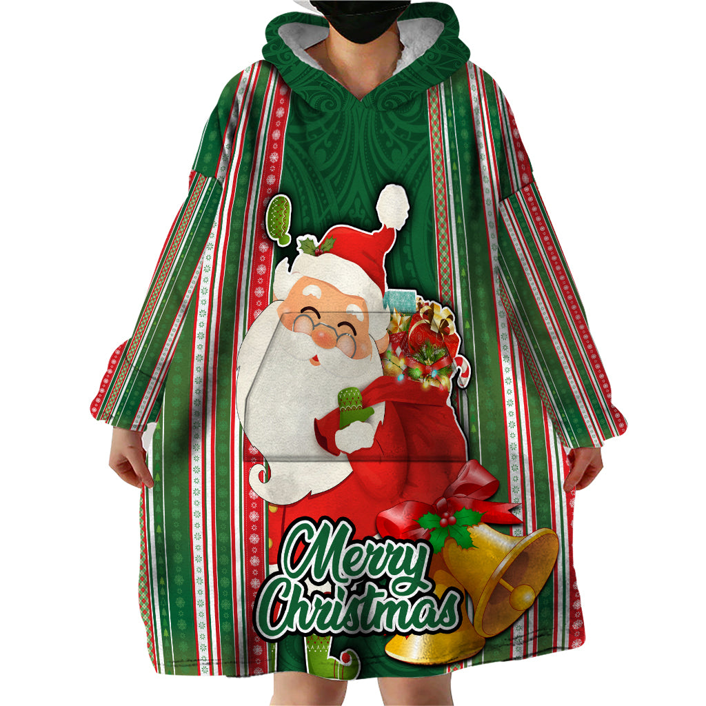 Custom Kiribati Christmas Wearable Blanket Hoodie Santa With Gift Bag Behind Ribbons Seamless Green Maori LT03 - Polynesian Pride