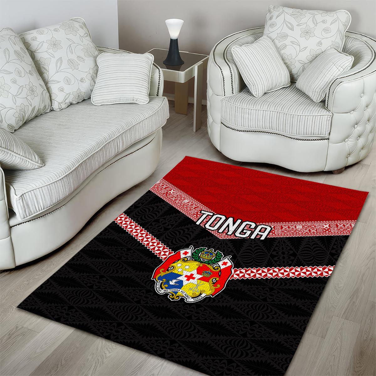 Tonga Area Rug Tonga Coat of Arms with Seamless Tapa Ngatu Pattern LT03 - Polynesian Pride