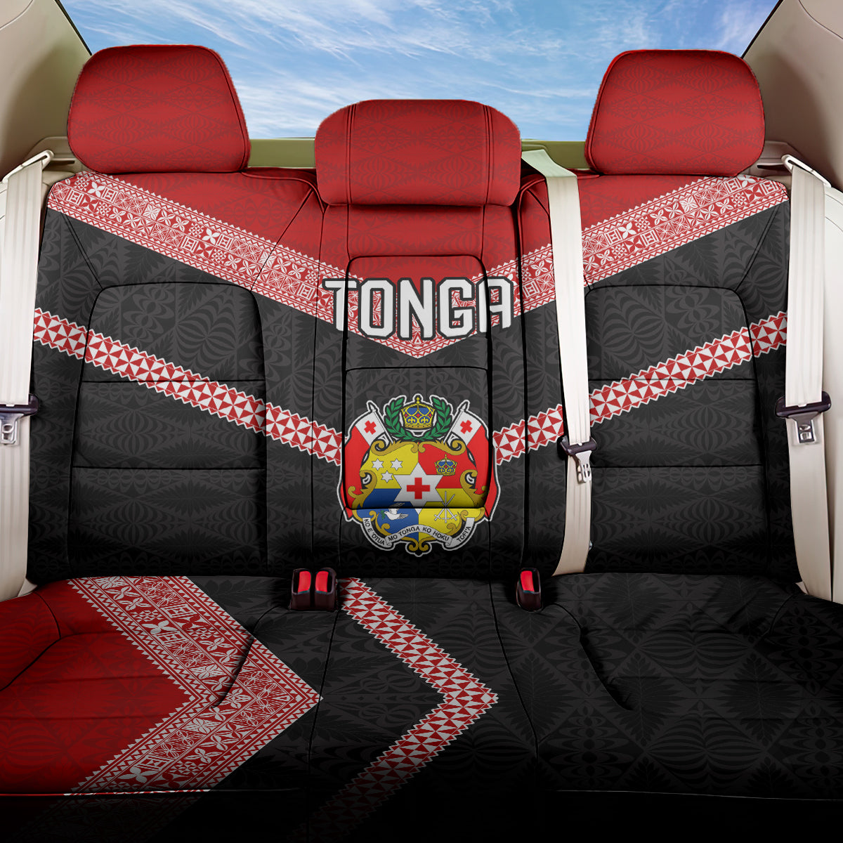 Tonga Back Car Seat Cover Tonga Coat of Arms with Seamless Tapa Ngatu Pattern