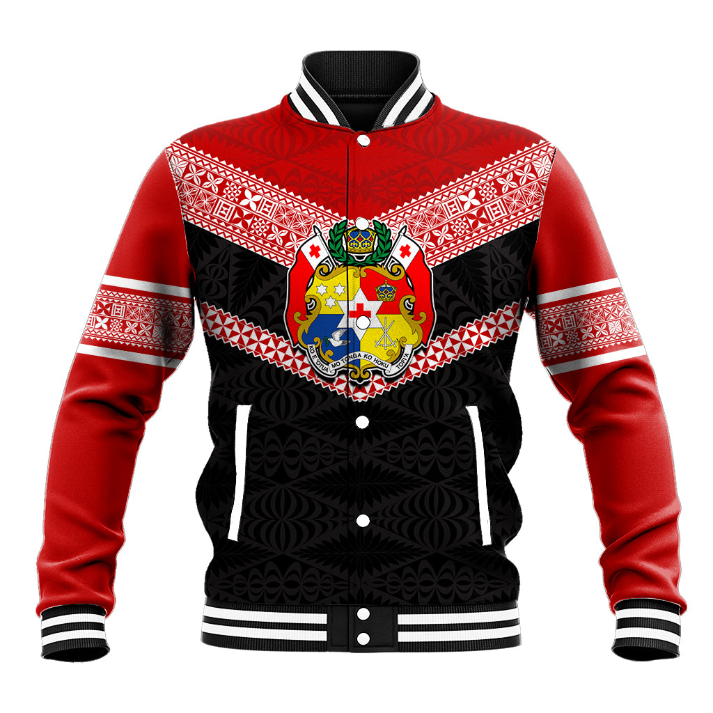 Tonga Baseball Jacket Tonga Coat of Arms with Seamless Tapa Ngatu Pattern LT03 Unisex Black - Polynesian Pride