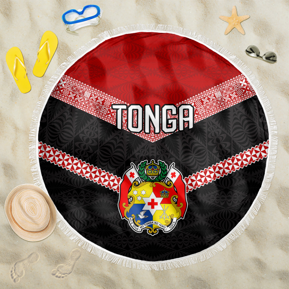 Tonga Beach Blanket Tonga Coat of Arms with Seamless Tapa Ngatu Pattern LT03 One Size 150cm Black - Wonder Print Shop