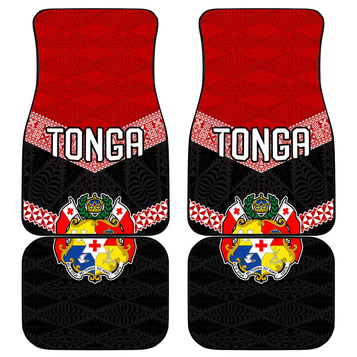 Tonga Car Mats Tonga Coat of Arms with Seamless Tapa Ngatu Pattern LT03 Black - Polynesian Pride