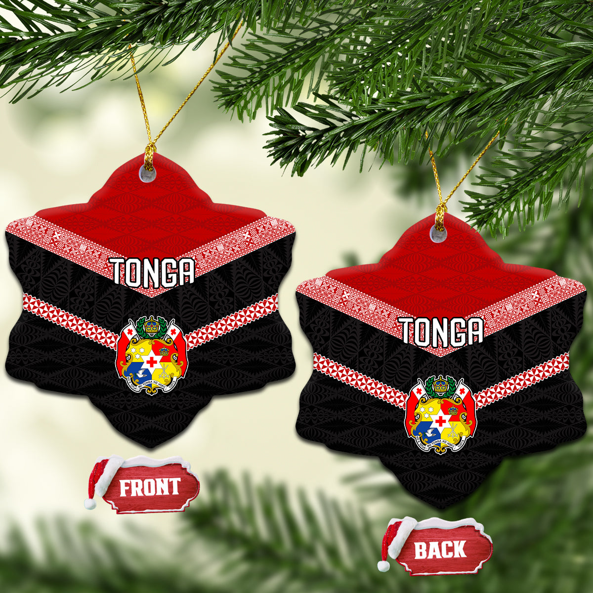 Tonga Ceramic Ornament Tonga Coat of Arms with Seamless Tapa Ngatu Pattern LT03 - Polynesian Pride