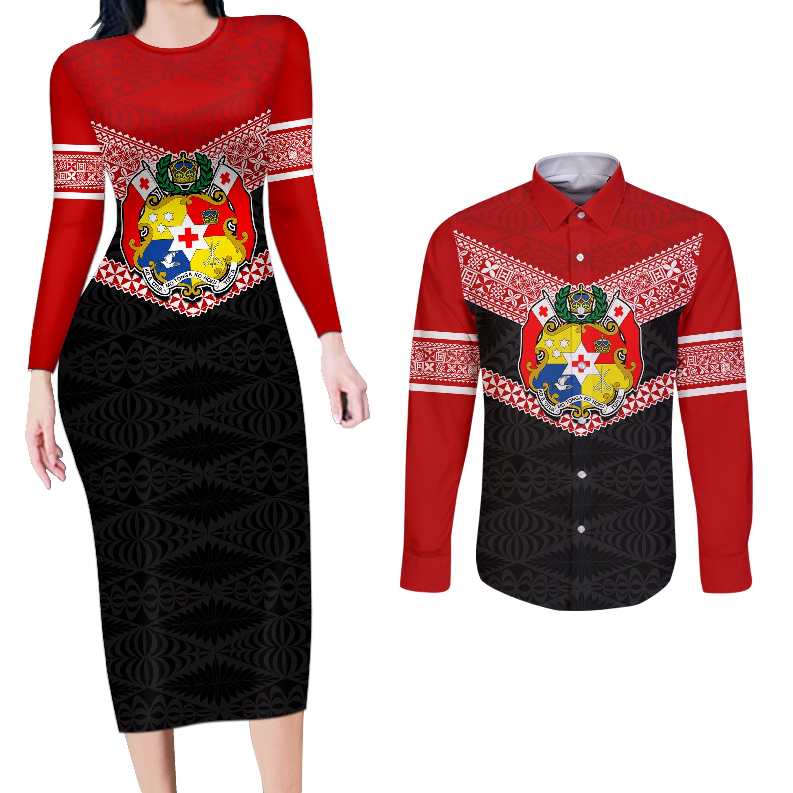 Tonga Couples Matching Long Sleeve Bodycon Dress and Long Sleeve Button Shirts Tonga Coat of Arms with Seamless Tapa Ngatu Pattern LT03 Black - Polynesian Pride