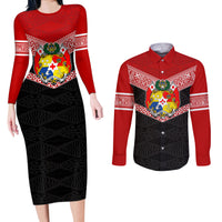Tonga Couples Matching Long Sleeve Bodycon Dress and Long Sleeve Button Shirts Tonga Coat of Arms with Seamless Tapa Ngatu Pattern LT03 Black - Polynesian Pride