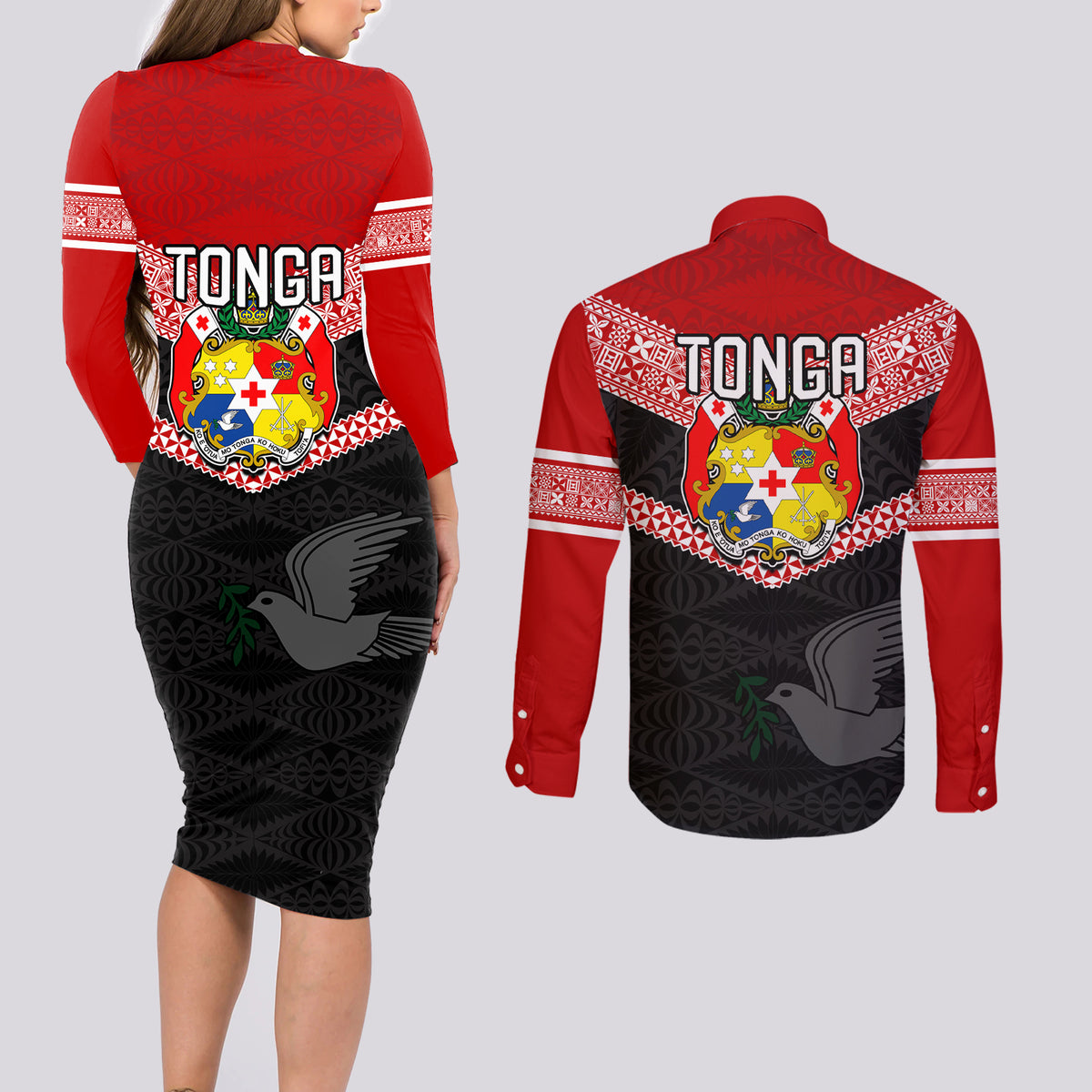 Tonga Couples Matching Long Sleeve Bodycon Dress and Long Sleeve Button Shirts Tonga Coat of Arms with Seamless Tapa Ngatu Pattern LT03 - Polynesian Pride