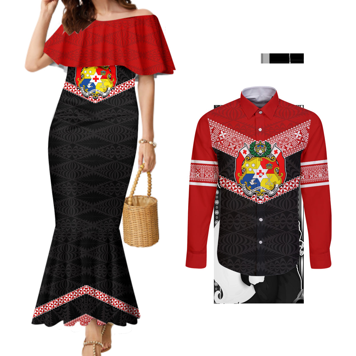 Tonga Couples Matching Mermaid Dress and Long Sleeve Button Shirts Tonga Coat of Arms with Seamless Tapa Ngatu Pattern LT03 Black - Polynesian Pride