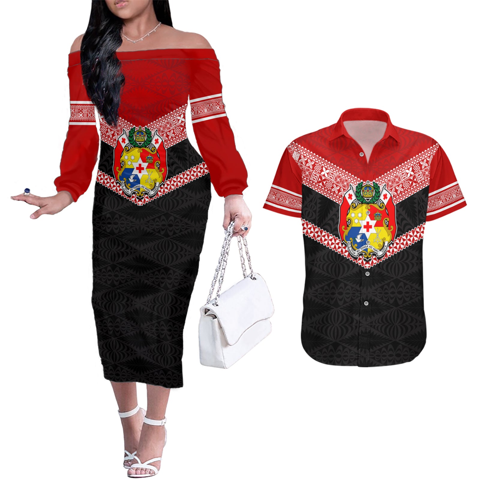 Tonga Couples Matching Off The Shoulder Long Sleeve Dress and Hawaiian Shirt Tonga Coat of Arms with Seamless Tapa Ngatu Pattern LT03 Black - Polynesian Pride