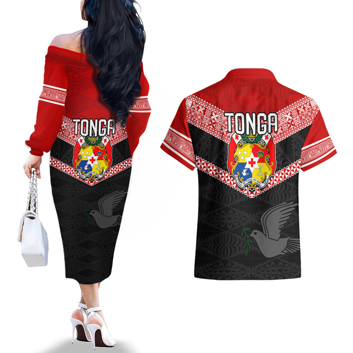 Tonga Couples Matching Off The Shoulder Long Sleeve Dress and Hawaiian Shirt Tonga Coat of Arms with Seamless Tapa Ngatu Pattern LT03 - Polynesian Pride