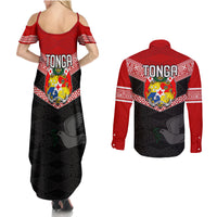 Tonga Couples Matching Summer Maxi Dress and Long Sleeve Button Shirts Tonga Coat of Arms with Seamless Tapa Ngatu Pattern LT03 - Polynesian Pride