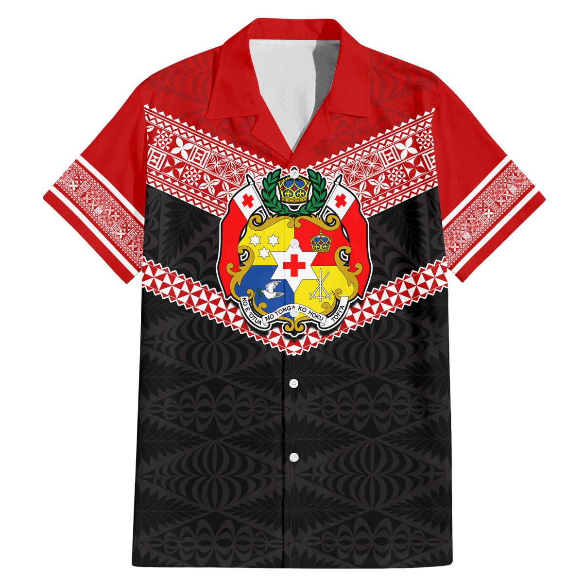 Tonga Family Matching Mermaid Dress and Hawaiian Shirt Tonga Coat of Arms with Seamless Tapa Ngatu Pattern LT03 Dad's Shirt - Short Sleeve Black - Polynesian Pride