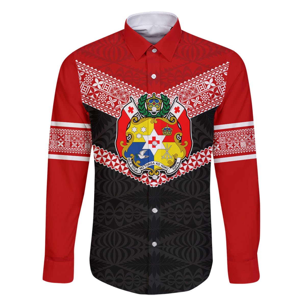 Tonga Family Matching Off Shoulder Short Dress and Hawaiian Shirt Tonga Coat of Arms with Seamless Tapa Ngatu Pattern LT03 Dad's Shirt - Long Sleeve Black - Polynesian Pride
