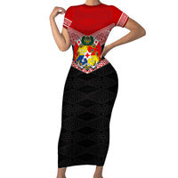 Tonga Family Matching Short Sleeve Bodycon Dress and Hawaiian Shirt Tonga Coat of Arms with Seamless Tapa Ngatu Pattern LT03 Mom's Dress Black - Polynesian Pride