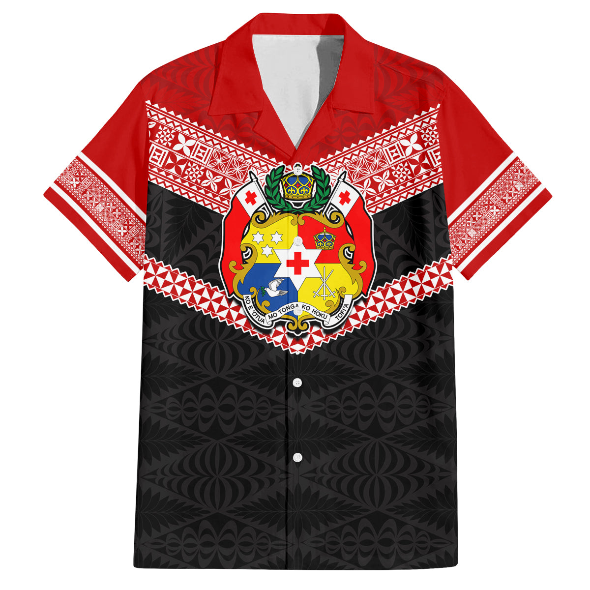 Tonga Family Matching Summer Maxi Dress and Hawaiian Shirt Tonga Coat of Arms with Seamless Tapa Ngatu Pattern LT03 Dad's Shirt - Short Sleeve Black - Polynesian Pride