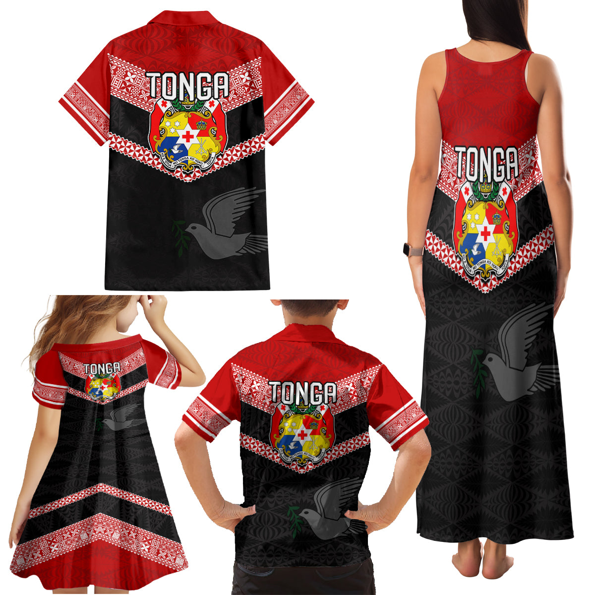 Tonga Family Matching Tank Maxi Dress and Hawaiian Shirt Tonga Coat of Arms with Seamless Tapa Ngatu Pattern LT03 - Polynesian Pride