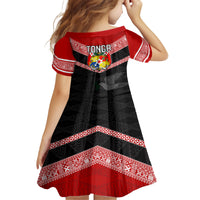 Tonga Kid Short Sleeve Dress Tonga Coat of Arms with Seamless Tapa Ngatu Pattern LT03 - Polynesian Pride