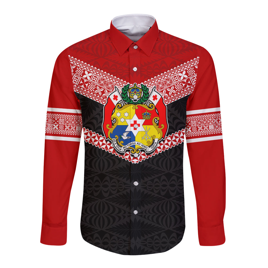Tonga Long Sleeve Button Shirt Tonga Coat of Arms with Seamless Tapa Ngatu Pattern LT03 Unisex Black - Polynesian Pride