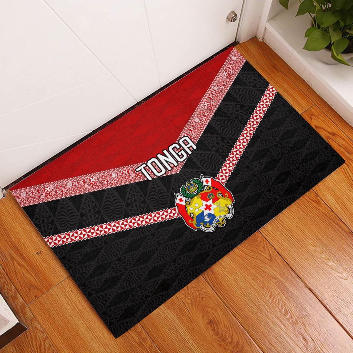 Tonga Rubber Doormat Tonga Coat of Arms with Seamless Tapa Ngatu Pattern LT03 Black - Polynesian Pride