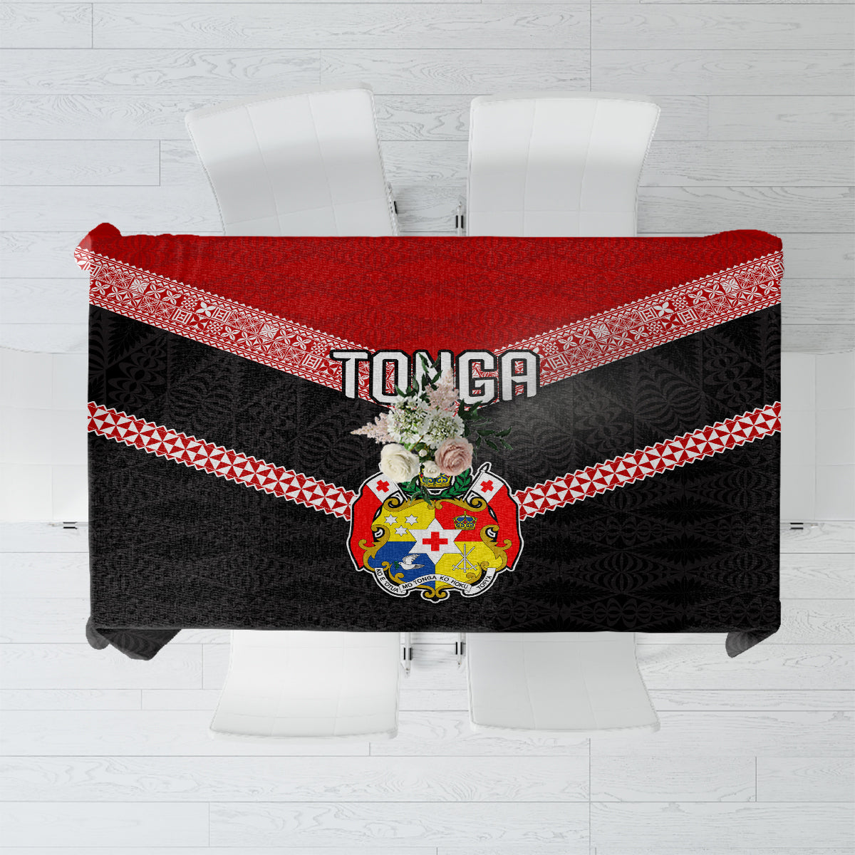 Tonga Tablecloth Tonga Coat of Arms with Seamless Tapa Ngatu Pattern LT03 Black - Polynesian Pride