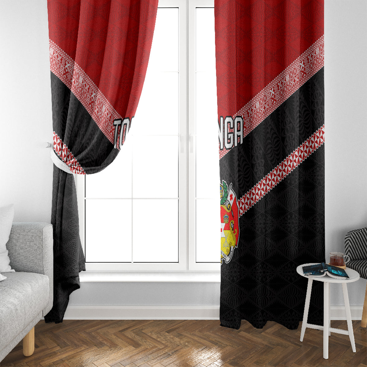 Tonga Window Curtain Tonga Coat of Arms with Seamless Tapa Ngatu Pattern LT03 - Polynesian Pride