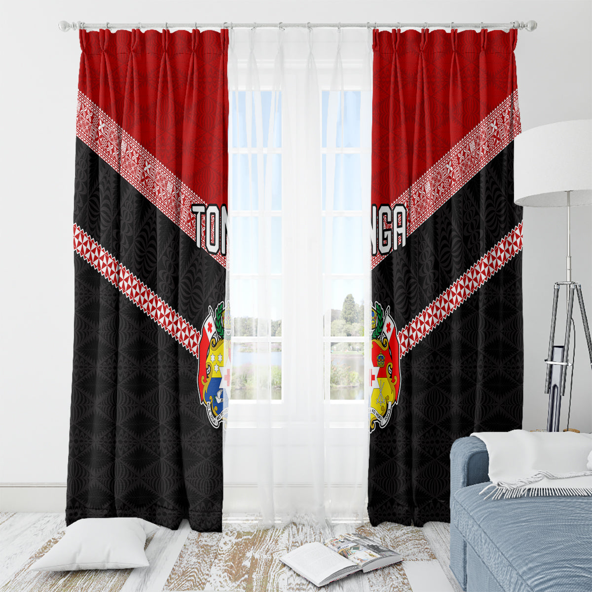 Tonga Window Curtain Tonga Coat of Arms with Seamless Tapa Ngatu Pattern LT03 - Polynesian Pride